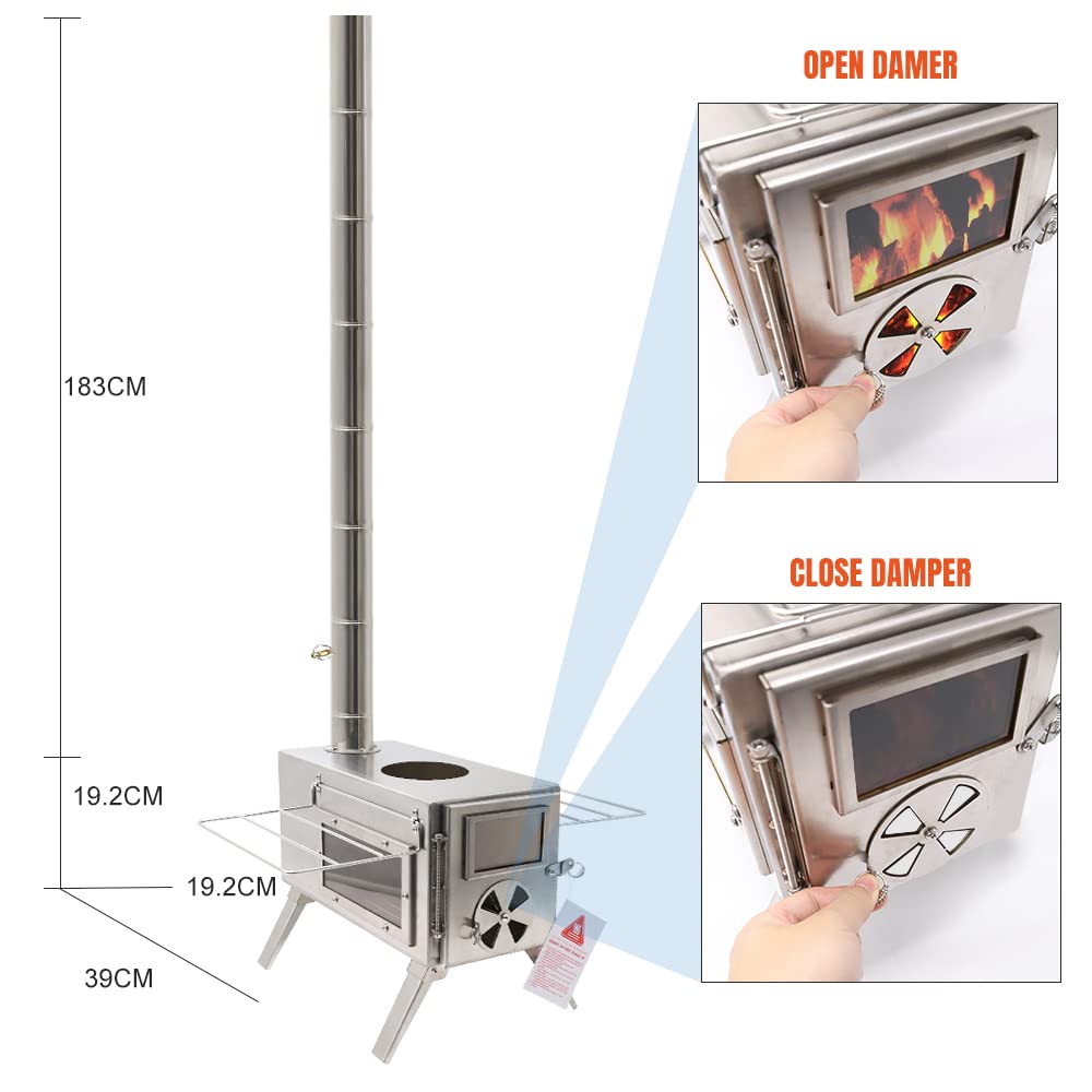 Fitinhot Tent Stove, Portable Camping Wood Burning Stoves Stainless Steel With Chimney Pipes For Outdoor Cookout, Hiking, Travel