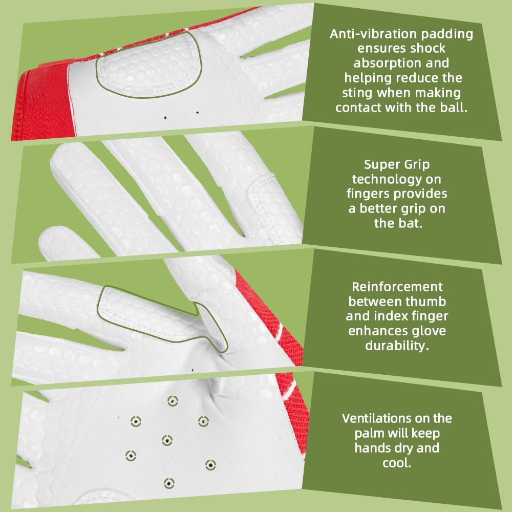 Seibertron B-A-R Pro 2.0 Signature Baseball/Softball Batting Gloves Super Grip Finger Fit For Youth (Red, S)