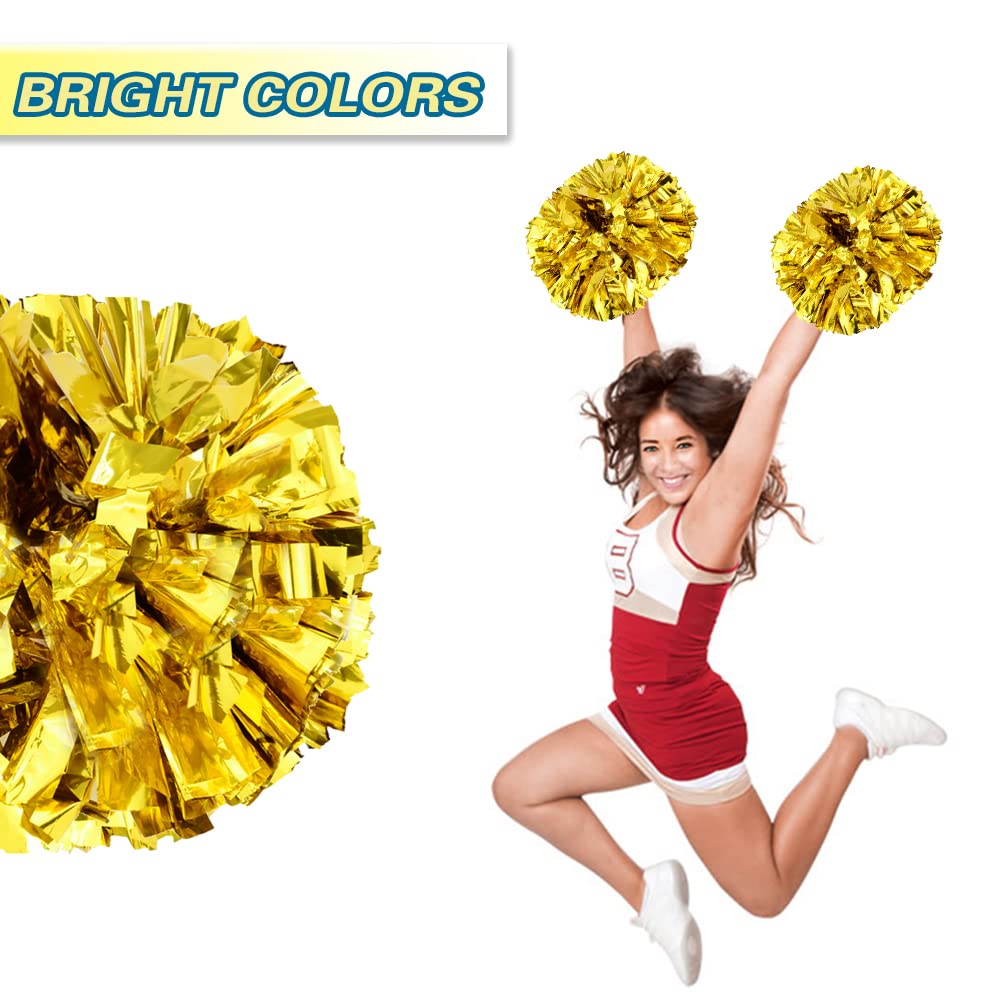 Lovecheer 2Pcs Pom Poms Cheerleading Gold Metallic Cheer Pom Poms With Baton Handle For Sports Team Spirit Party Cheering