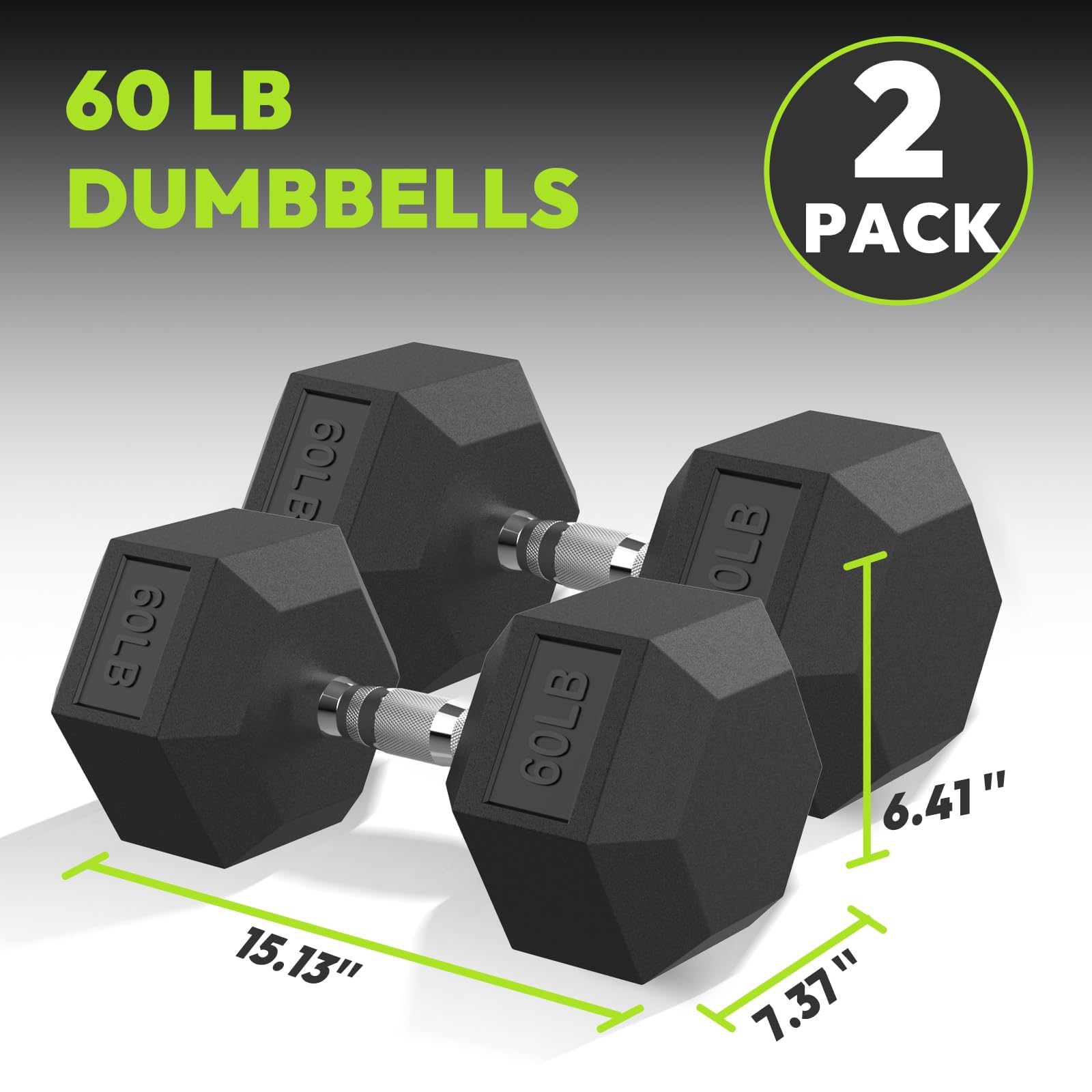 Hex Dumbbell Rubber Encased Strength Training Dumbbells, Hand Weight For Workout & Exercise/Pair of 60LB