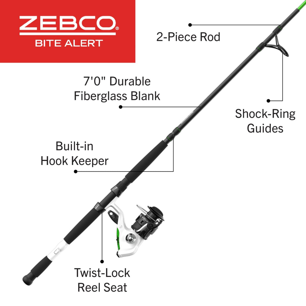 Zebco Bite Alert Spinning Reel And Fishing Rod Combo, 7-Foot 2-Piece Fiberglass Fishing Pole, Extended Eva Handle, Size 60 Reel,