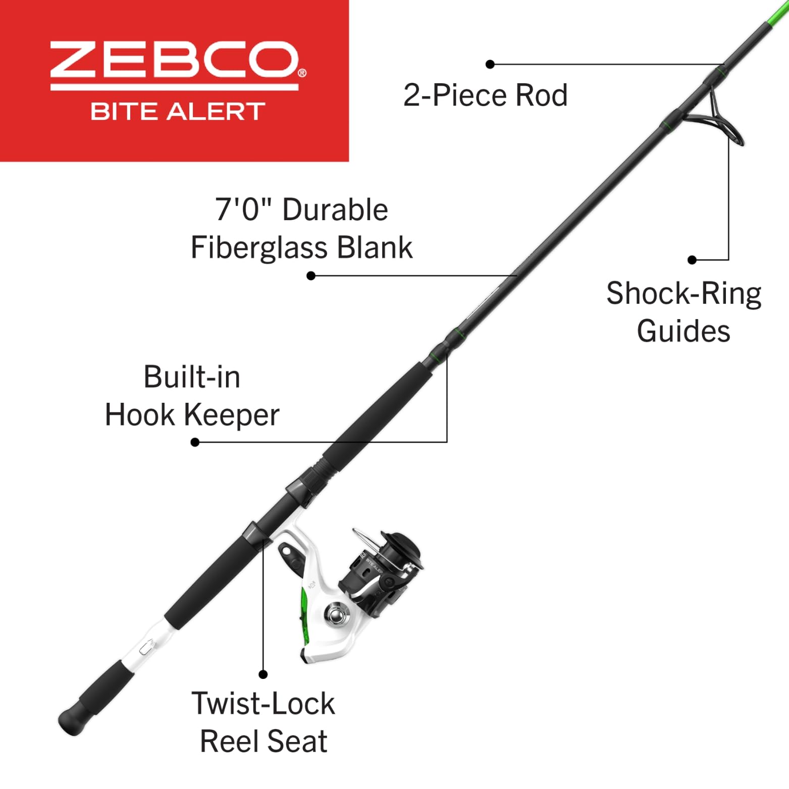 Zebco Bite Alert Spinning Reel And Fishing Rod Combo, 7-Foot 2-Piece Fiberglass Fishing Pole, Extended Eva Handle, Size 60 Reel,