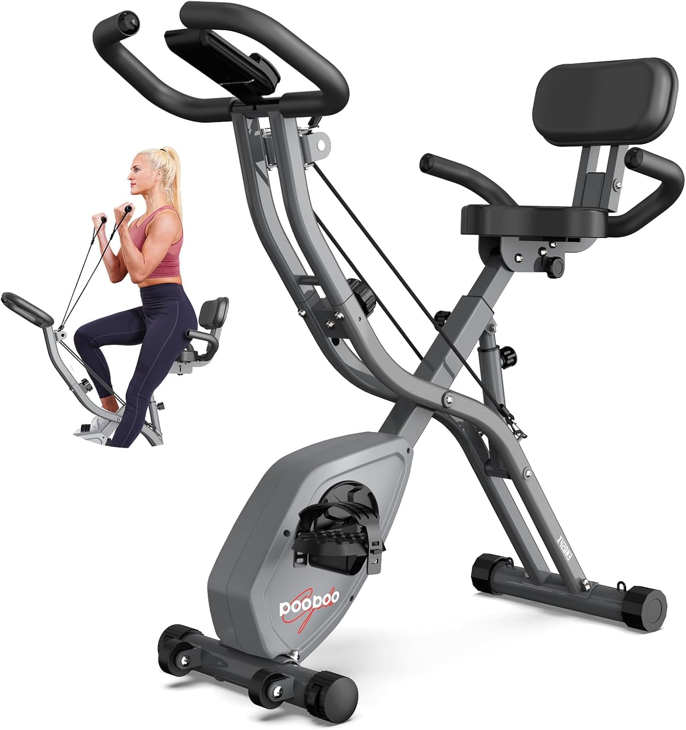 pooboo Exercise Bike, 3-in-1 Foldable Stationary Bike with Elliptical Mode, Adjustable Seat, Magnetic Resistance, Ultra-Quiet In