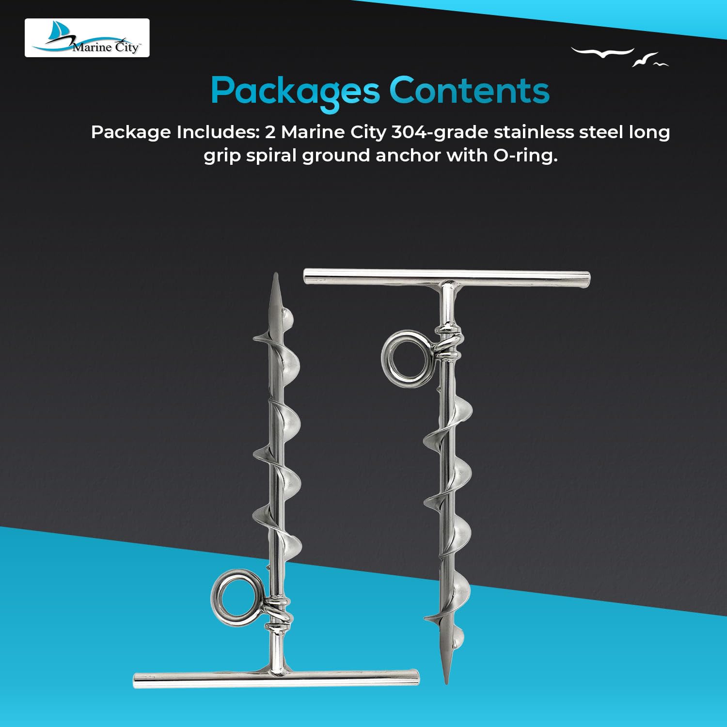 Marine City 304 Grade Stainless Steel Long Grip Spiral Ground Anchor With An O-Ring For Boat Mooring On Beach - Camping Tent - S