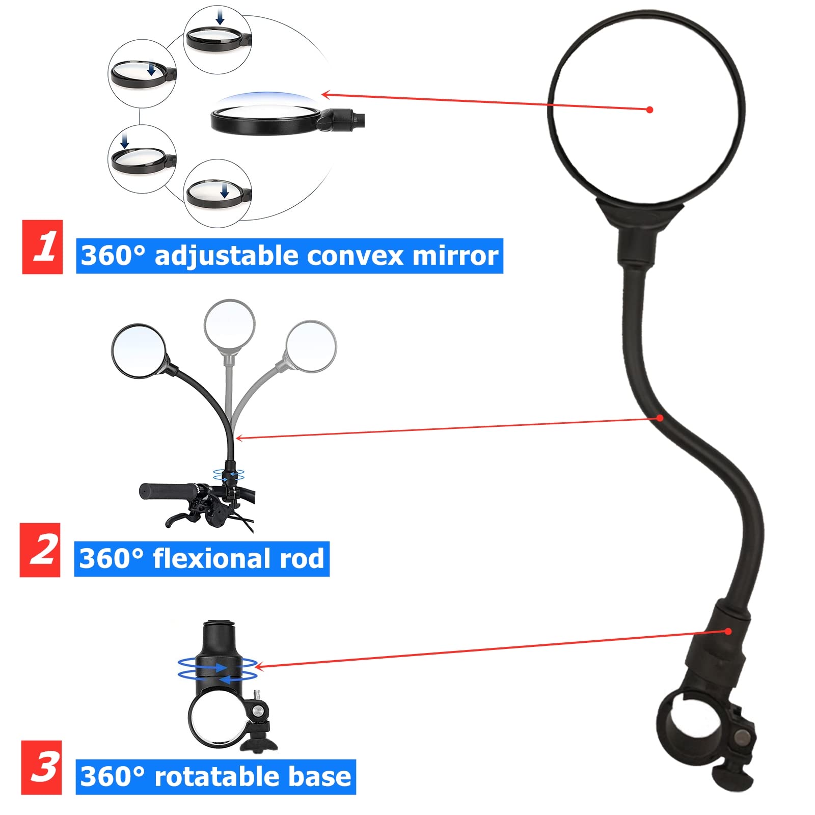 Ryango Bike Mirror 2 Pack, Adjustable Bike Mirrors Handlebar Rearview Mirror, Acrylic Convex Round Bike Rear View Mirrors For Ha