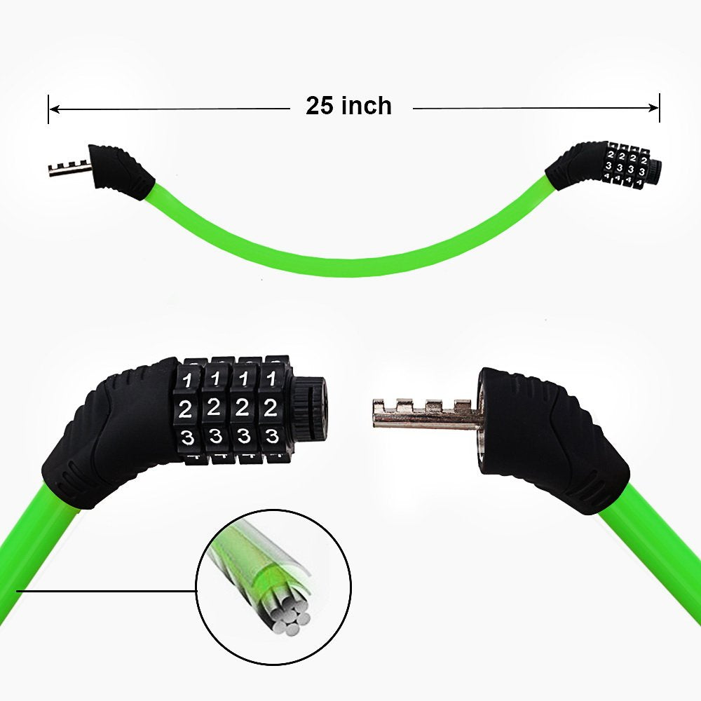Sanwo Security Bike Lock Resettable Combination Cable Lock For Bicycle (Green)