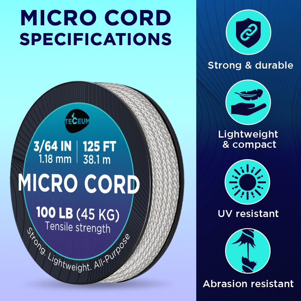 Teceum Micro Paracord - Silver Gray - 1.18 Mm X 125 Ft - Micro Utility Cord - Thin Braided Paracord Rope Nylon Polyester - Wind