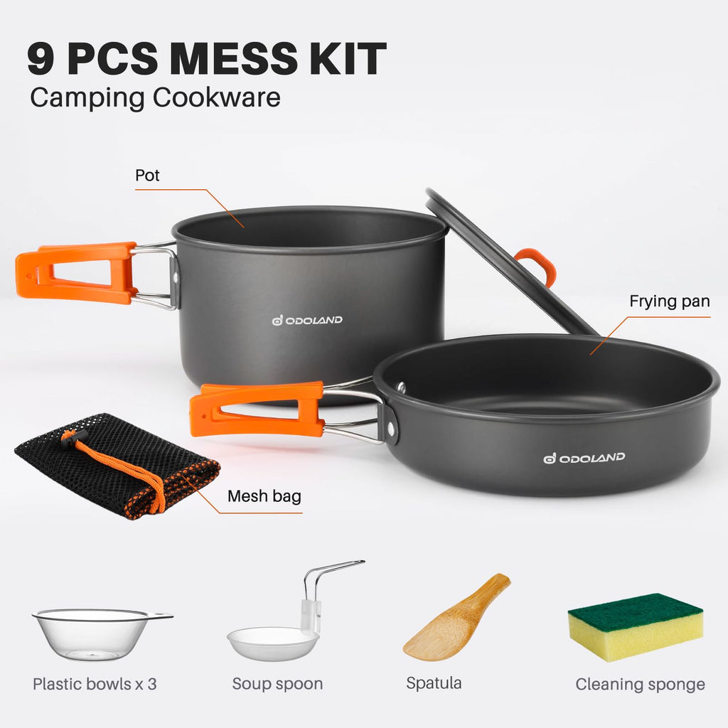 Odoland 9Pcs Camping Cookware Non-Stick Lightweight Camping Pots And Pans Set With Plastic Bowls Soup Spoon For Camping, Backpac