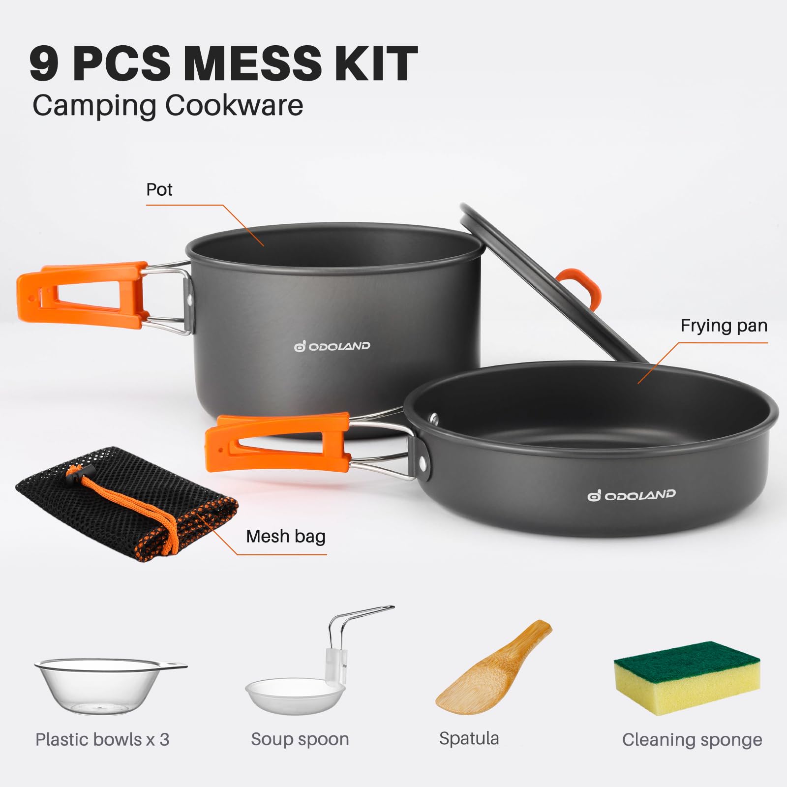 Odoland 9Pcs Camping Cookware Non-Stick Lightweight Camping Pots And Pans Set With Plastic Bowls Soup Spoon For Camping, Backpac