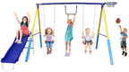 4-In-1 Heavy Duty Swing Set For Backyard - Large Metal Frame With Saucer Swings, Sandbox, Basketball Hoop & Single Swing Seat |