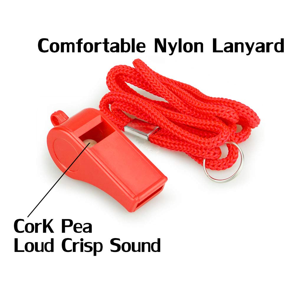 Hipat Red Emergency Whistles With Lanyard, Loud Crisp Sound, 2 Packs Plastic Whistles Ideal For Lifeguard, Self-Defense And Emer
