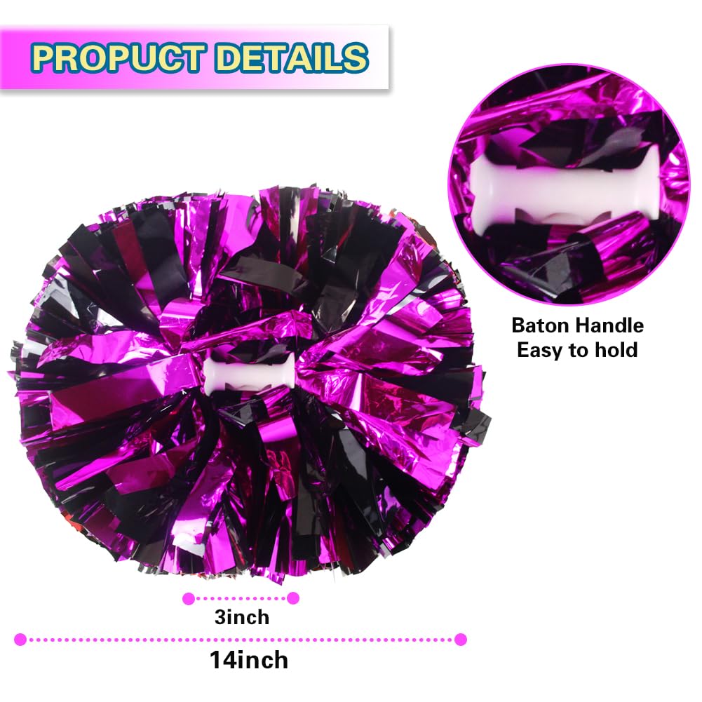 Lovecheer 2Pcs Hot Pink And Black Pom Poms Cheerleading Metallic Cheer Pom Poms With Handle For Dance Party Sports Spirits