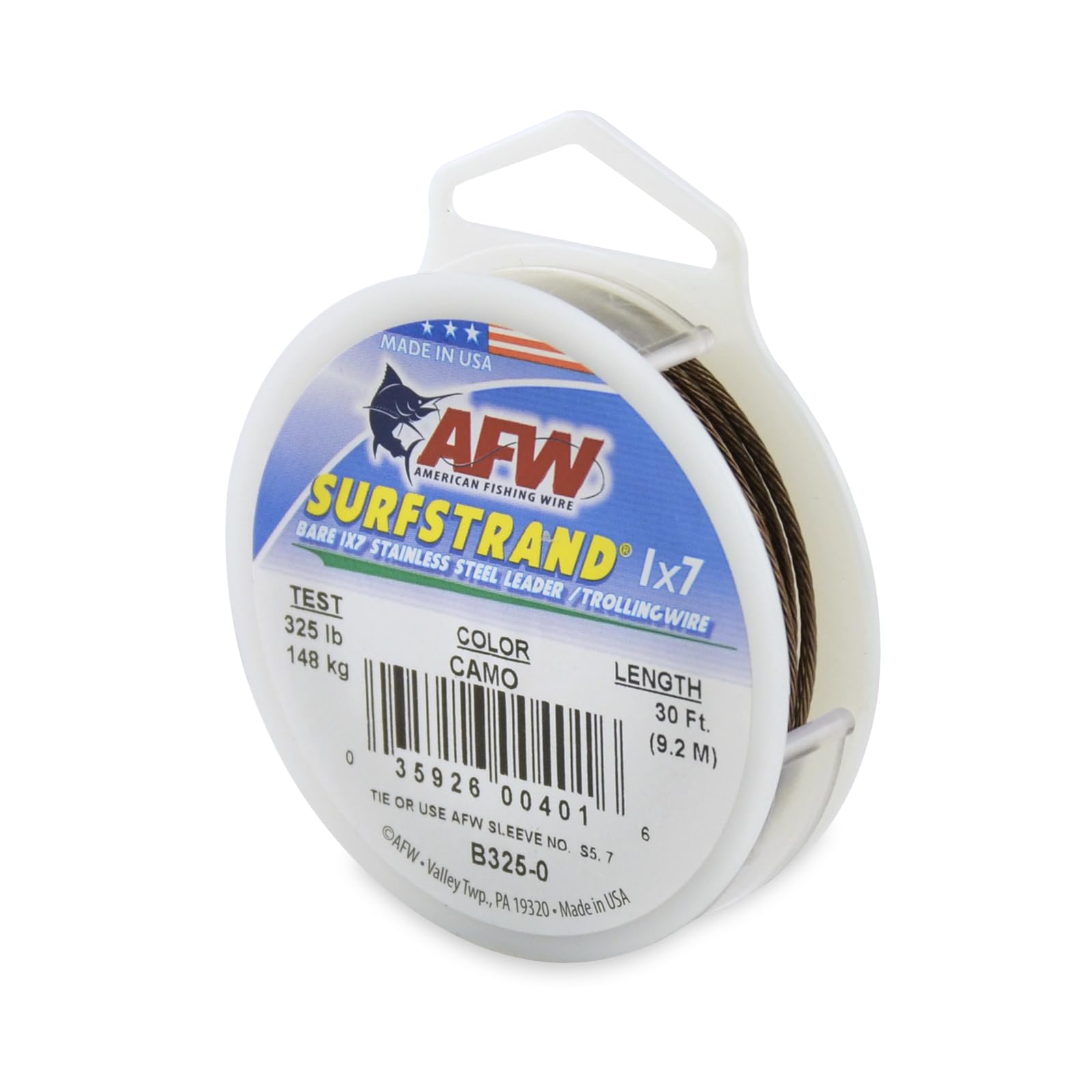 American Fishing Wire Surfstrand, Bare 1X7 Stainless Steel Leader Wire, 325 Lb Test, 0.045 Diameter, Camo, 30 Ft