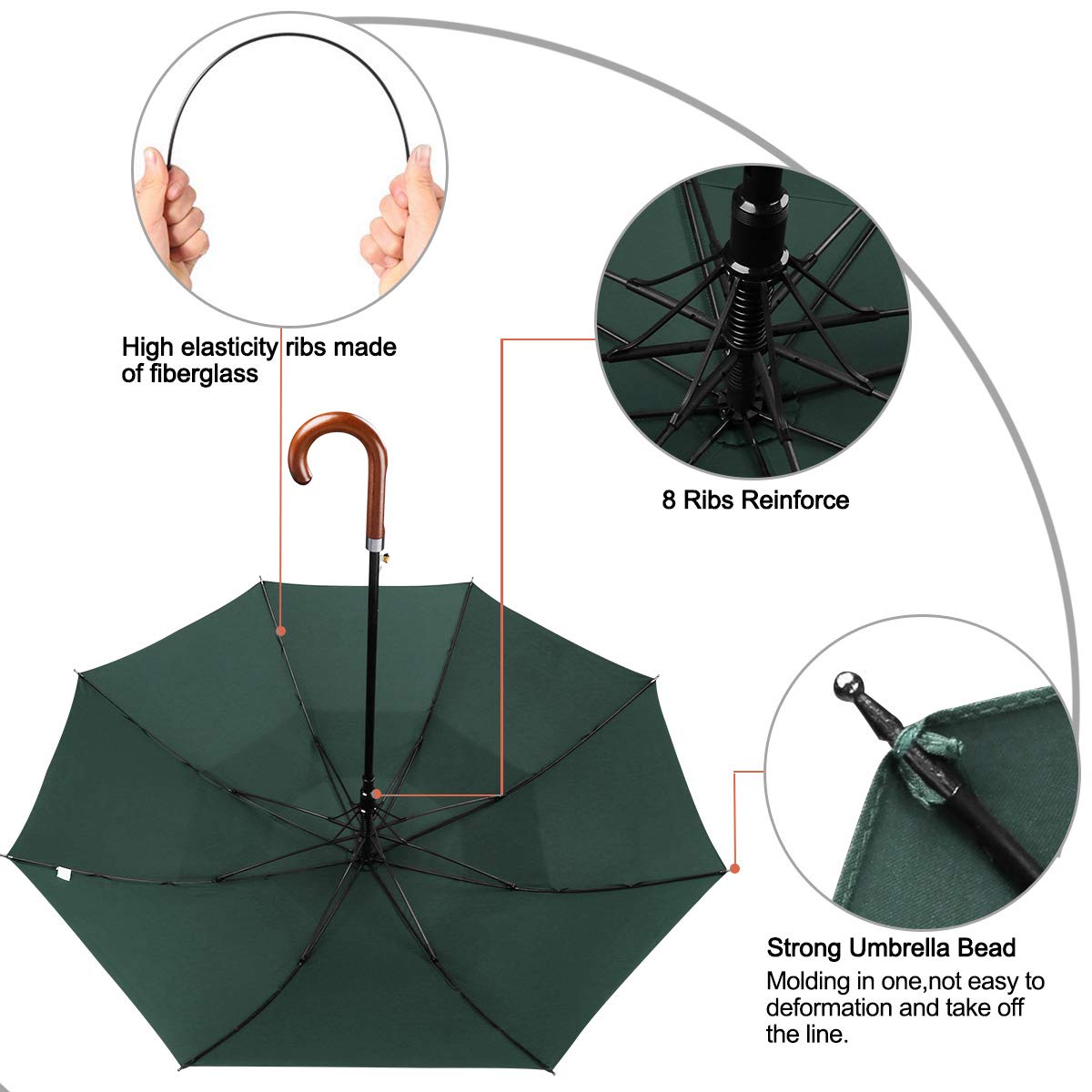G4Free Wooden J Handle Classic Golf Umbrella Windproof Auto Open 52 Inch Large Oversized Double Canopy Vented Rainproof Cane Sti