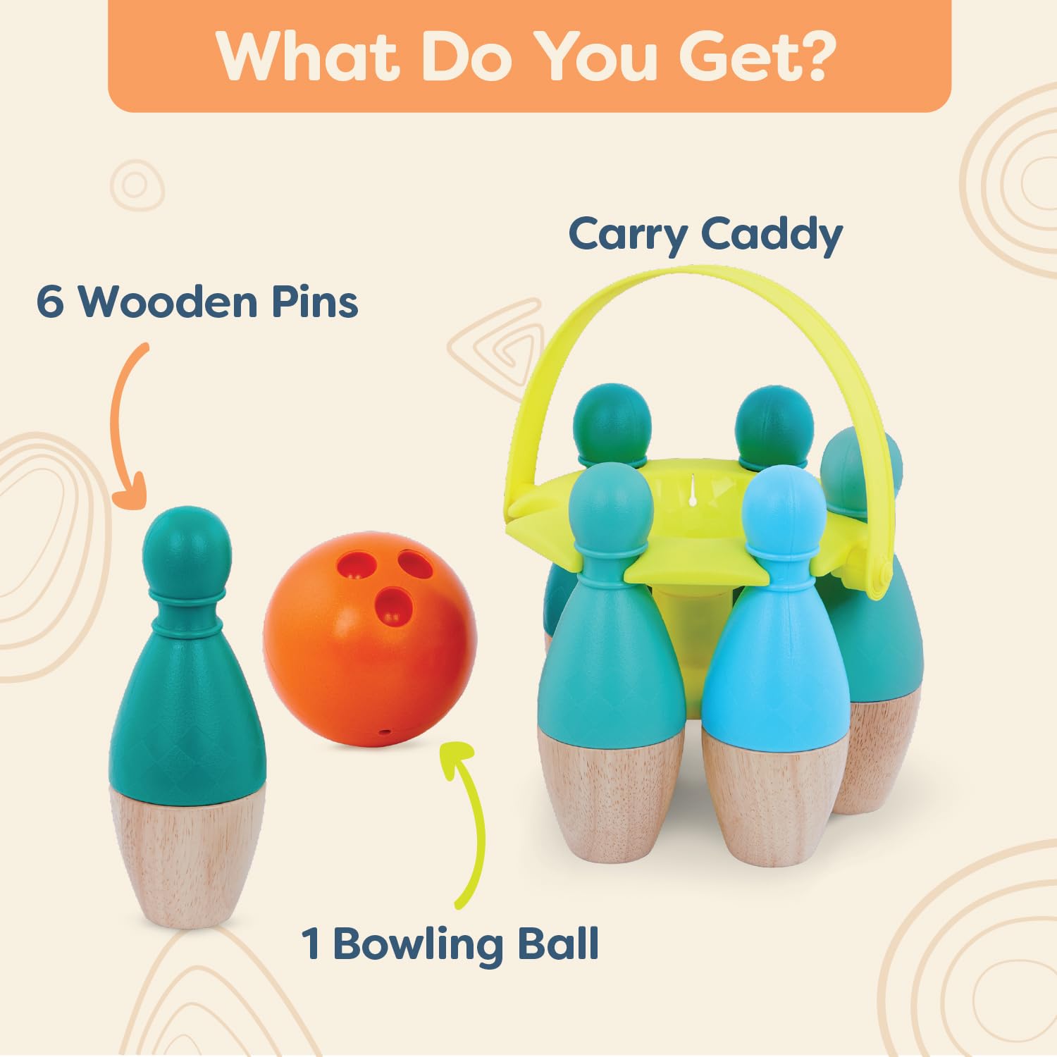 B. Toys - Kids Bowling Set - 6 Pin & Ball - Wooden Pins & Carry Caddy - Family Activities & Games - 2 Years -