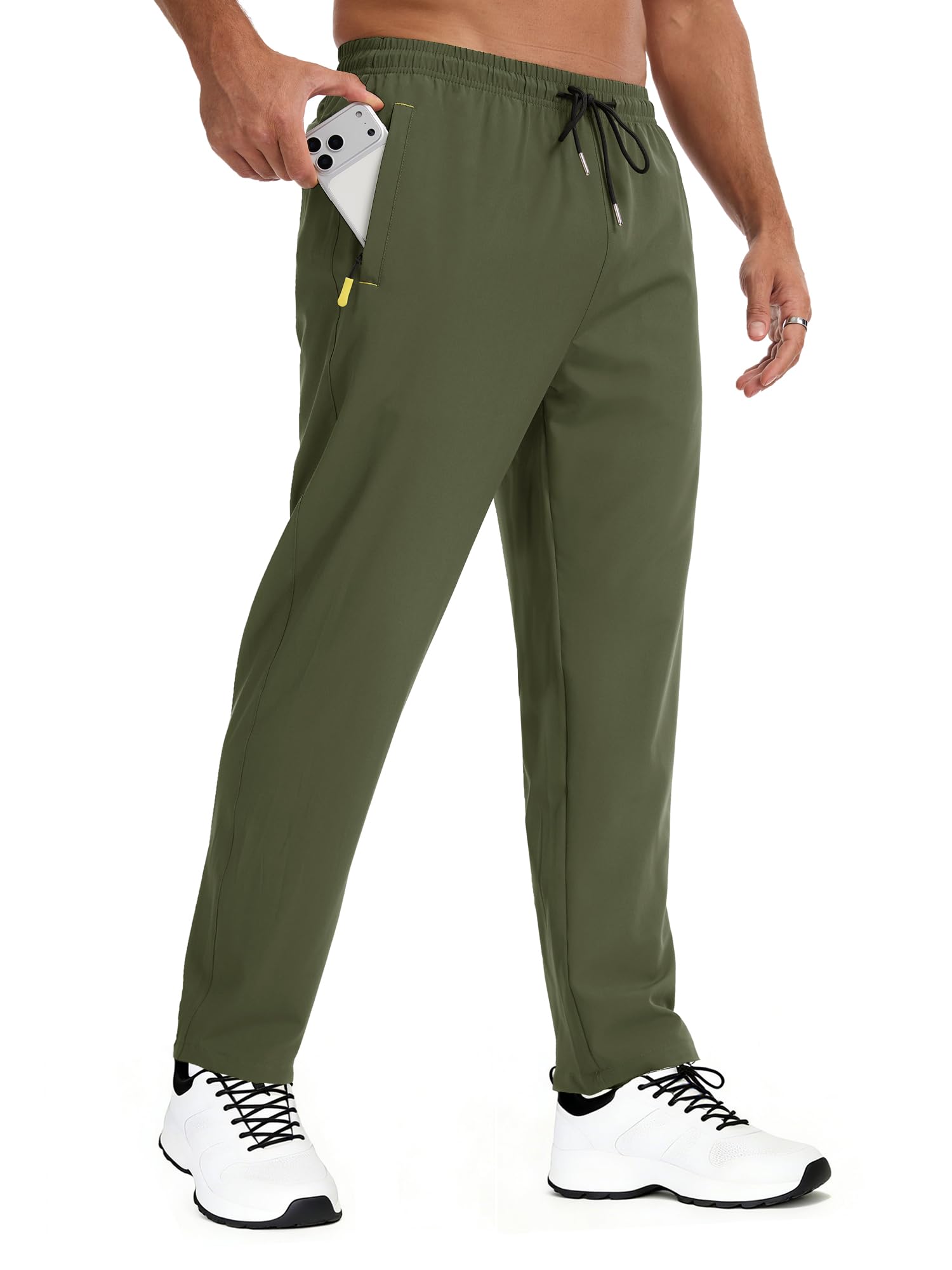 Peakwell Mens Lightweight Hiking Pants Quick-Dry Outdoor Sweatpants Workout with Zipper Pockets, Army Green, Small