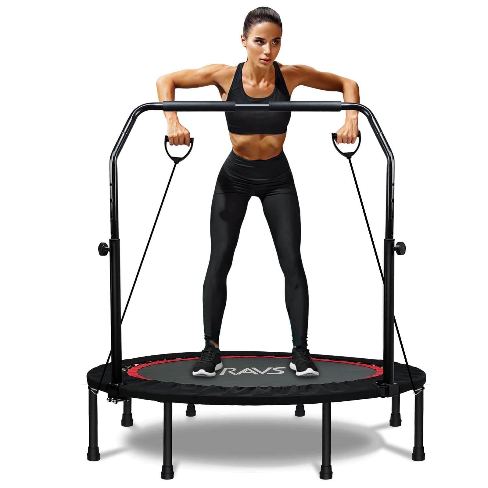 Ravs Mini Trampoline For Kids Adults 40'' Foldable Fitness Rebounder Kids Trampoline With 5 Levels Height Adjustable Handle Resi