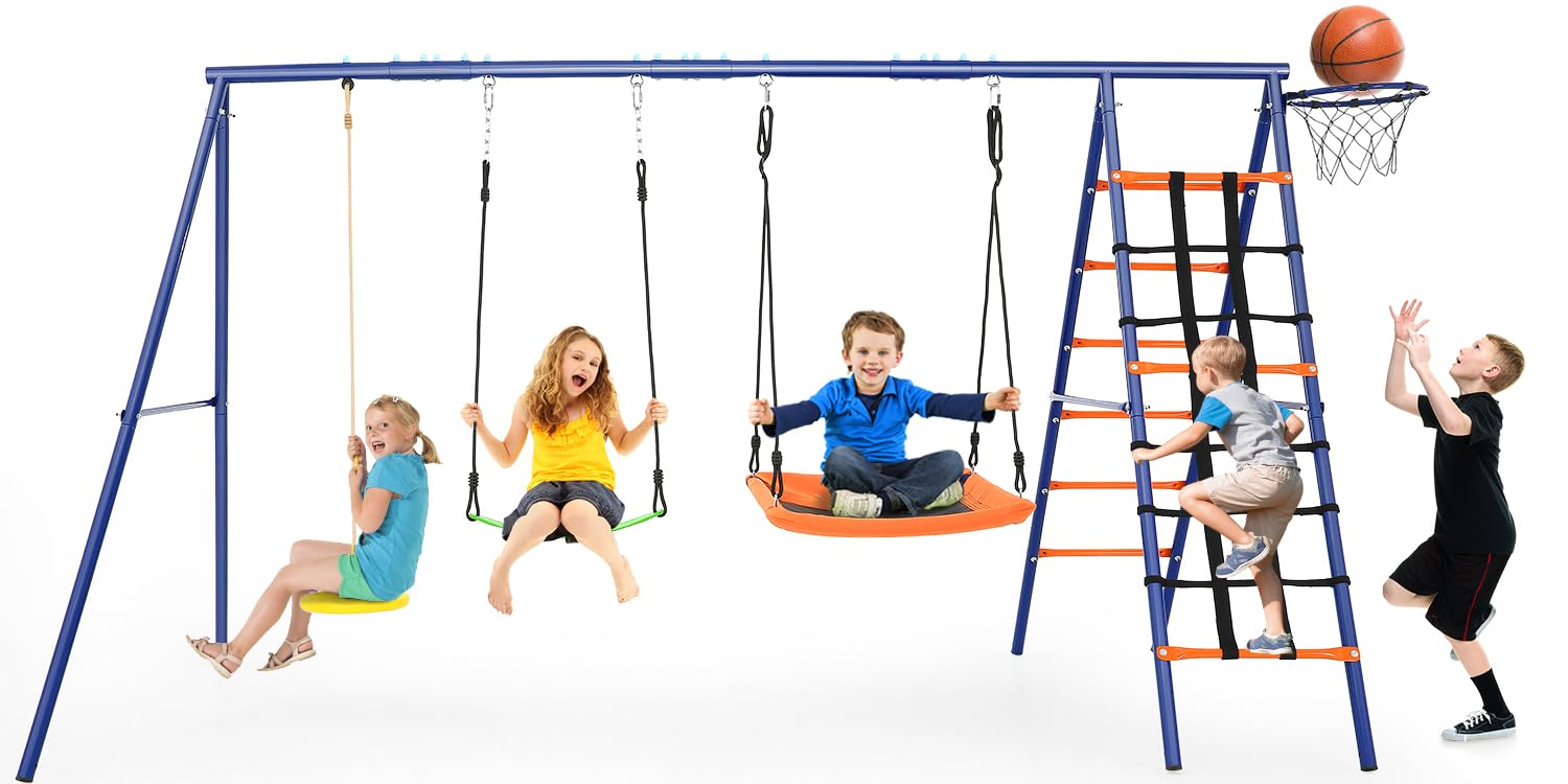 Swing Set for Backyard - Heavy Duty 6 in 1 Playground Sets 550lbs Upgrade Saucer Swing for Kids Outdoor Metal Swing Stand with 3