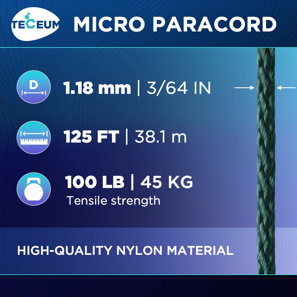 Teceum Micro Paracord - Dark Emerald Green - 1.18 Mm X 125 Ft - Micro Utility Cord - Thin Braided Paracord Rope Nylon Polyester