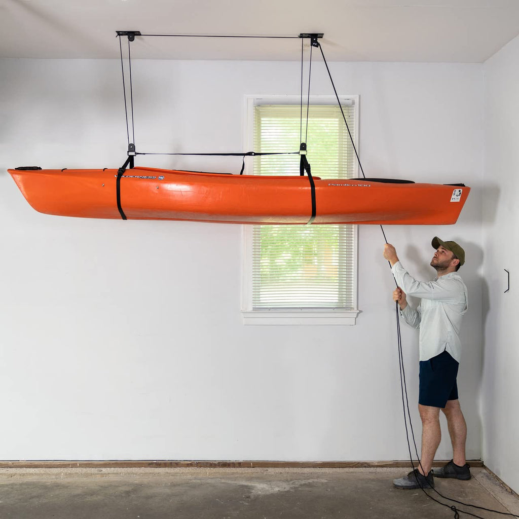 Storeyourboard Kayak And Canoe Ceiling Pulley System, Garage Mount Storage Hoist, Heavy Duty Holds 150 Lbs, Indoor Organizer