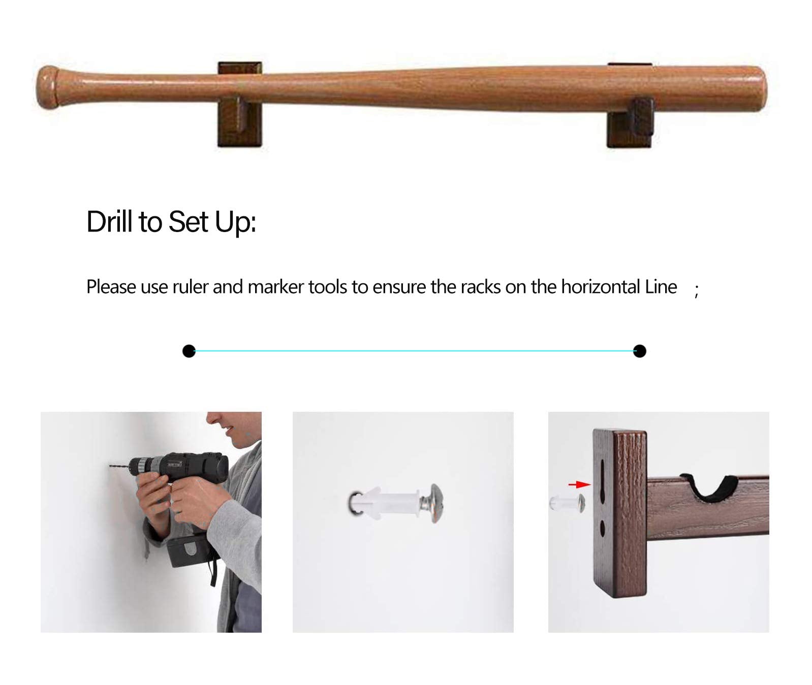 Orga'Neat Baseball Bat Display Case, Wall Mount Bat Holder Hanger, Solid Ash Tree Handmade Horizontal Bat Rack W/ Protective Sof