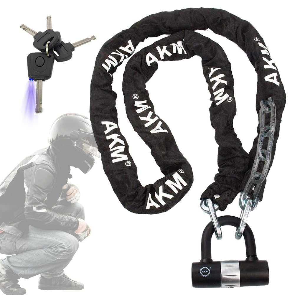 AKM Motorcycle Lock 6.56ft/200cmx10mm Thick Anti-Theft Heavy Duty Chain Locks with 4 Keys Security 16mm U Lock Disc Lock,Super L