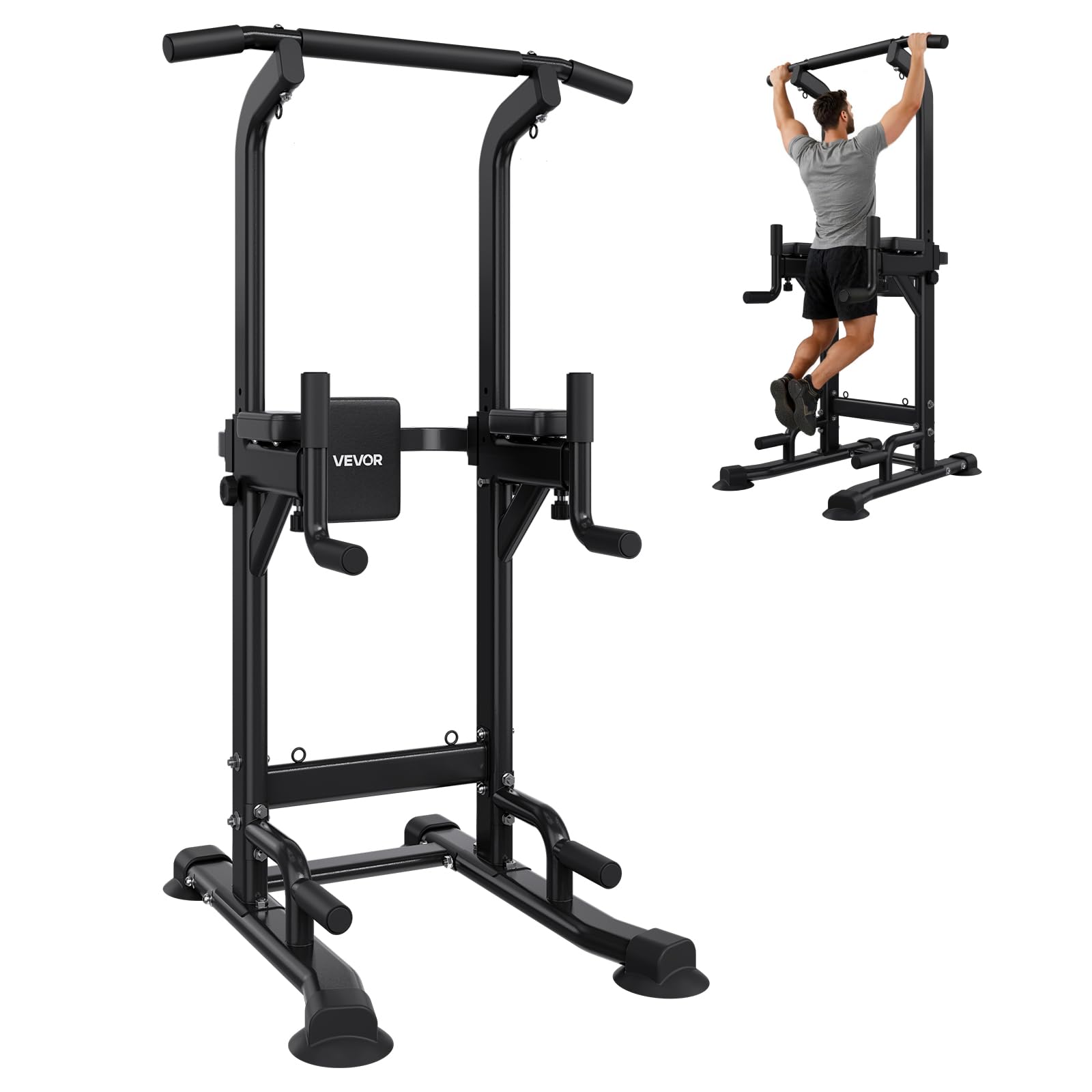 VEVOR Pull Up Bar, 330 LBS Power Tower Dip Station, Workout Dip Station with H-Shaped Stable Base & Back Pad, Adjustable 12 Leve