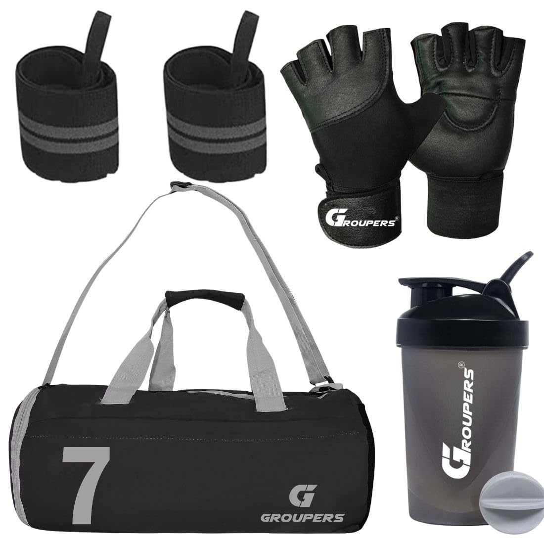 Groupers Gym Bag Combo  Black Foldable Travel Duffle (432523 Cm) With Shoe Pocket + 400Ml Protein Shaker Bottle + Workout Glove