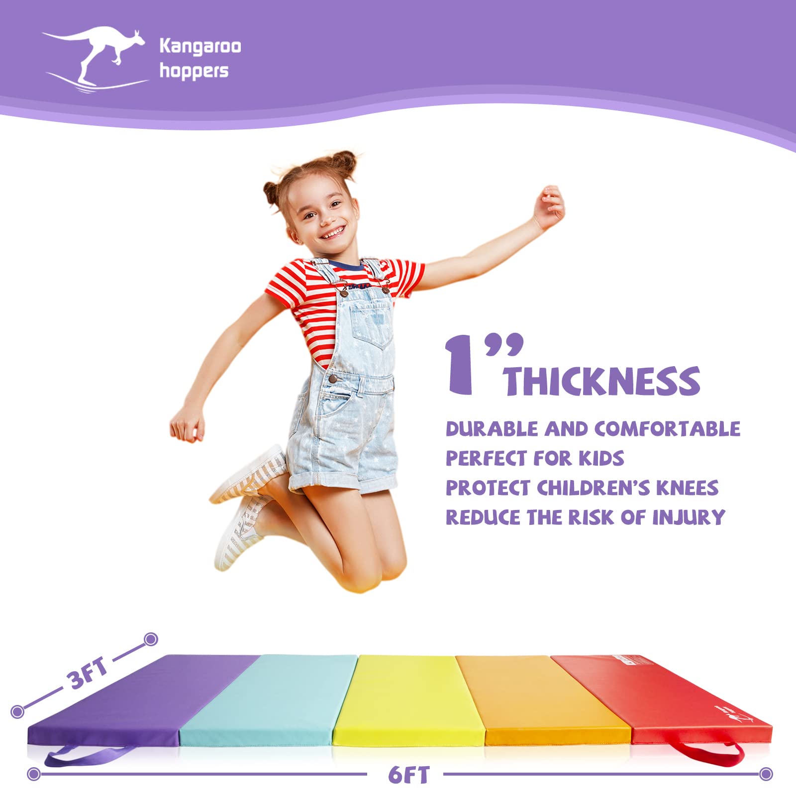 Kangaroo Hoppers Tumbling Mats For Kids, Foldable Gym Mat, Kids Gymnastics Mat With Carrying Handles For Home Activity Play, 3 F