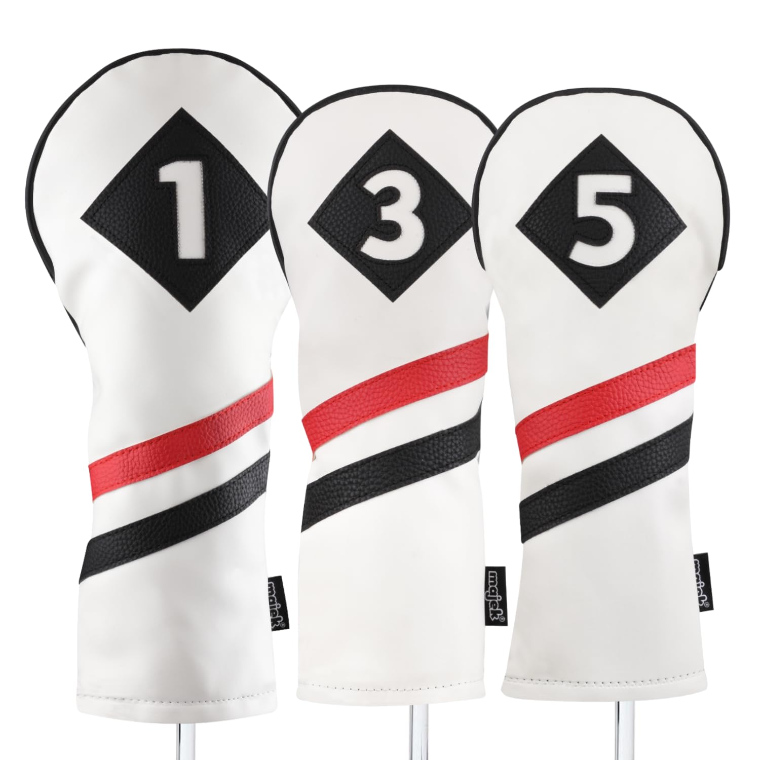 Majek Retro Golf Headcovers White Red And Black Vintage Leather Style 1 3 5 Driver And Fairway Head Covers Fits 460Cc Drivers Cl
