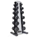 CAP Barbell 210 LB Black Handle Coated Hex Dumbbell Weight Set with Vertical Silver Rack