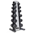 CAP Barbell 210 LB Black Handle Coated Hex Dumbbell Weight Set with Vertical Silver Rack