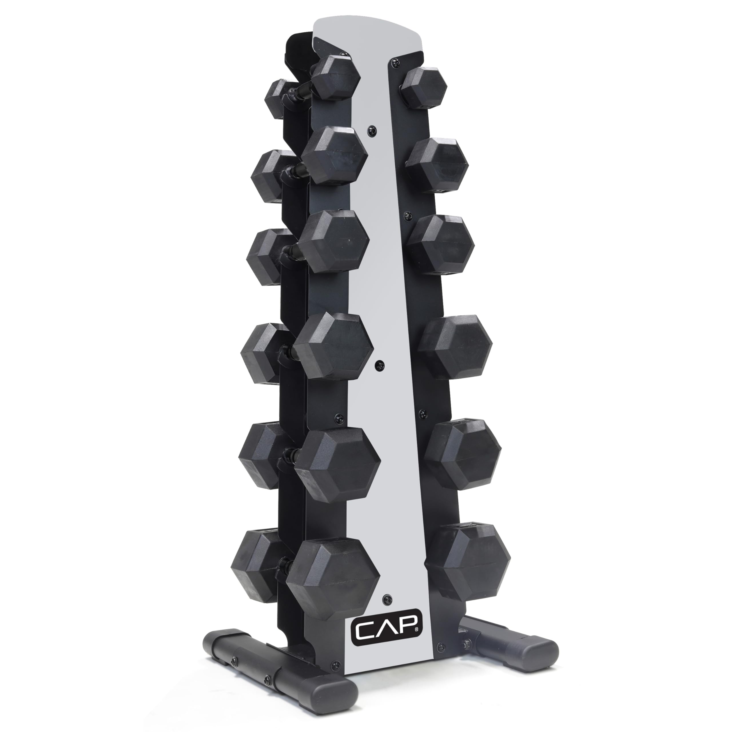 CAP Barbell 210 LB Black Handle Coated Hex Dumbbell Weight Set with Vertical Silver Rack