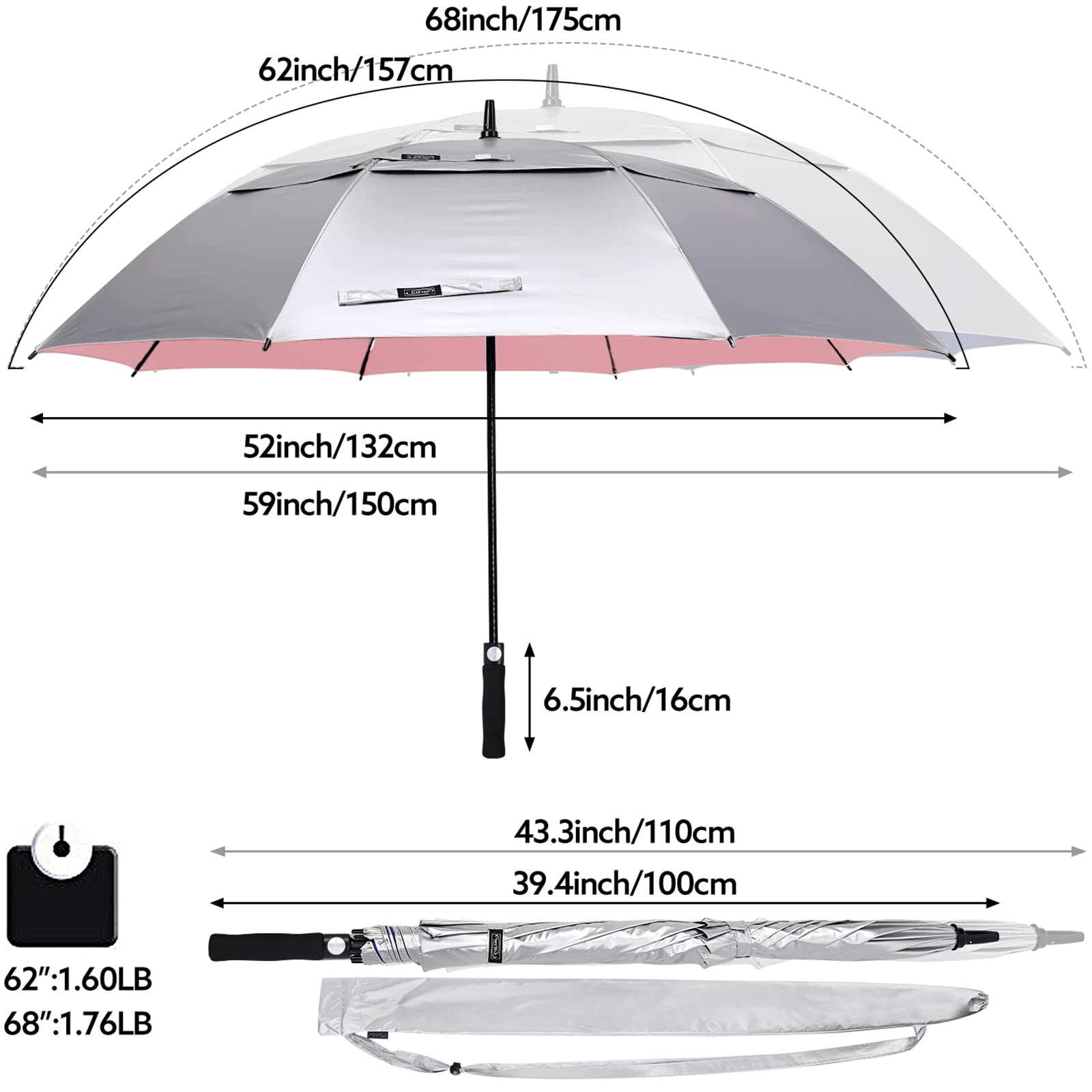 G4Free 68 Inch Uv Protection Golf Umbrella Auto Open Extra Large Windproof Sun And Rain Umbrellas Double Canopy (Silver/Pink)