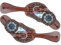 Showman Teal And Pink Navajo Inlay Medium Leather Spur Straps Blue Pink Crystal Conchos Blue Rhinestones