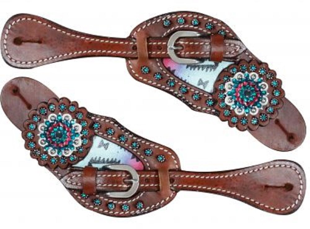 Showman Teal And Pink Navajo Inlay Medium Leather Spur Straps Blue Pink Crystal Conchos Blue Rhinestones