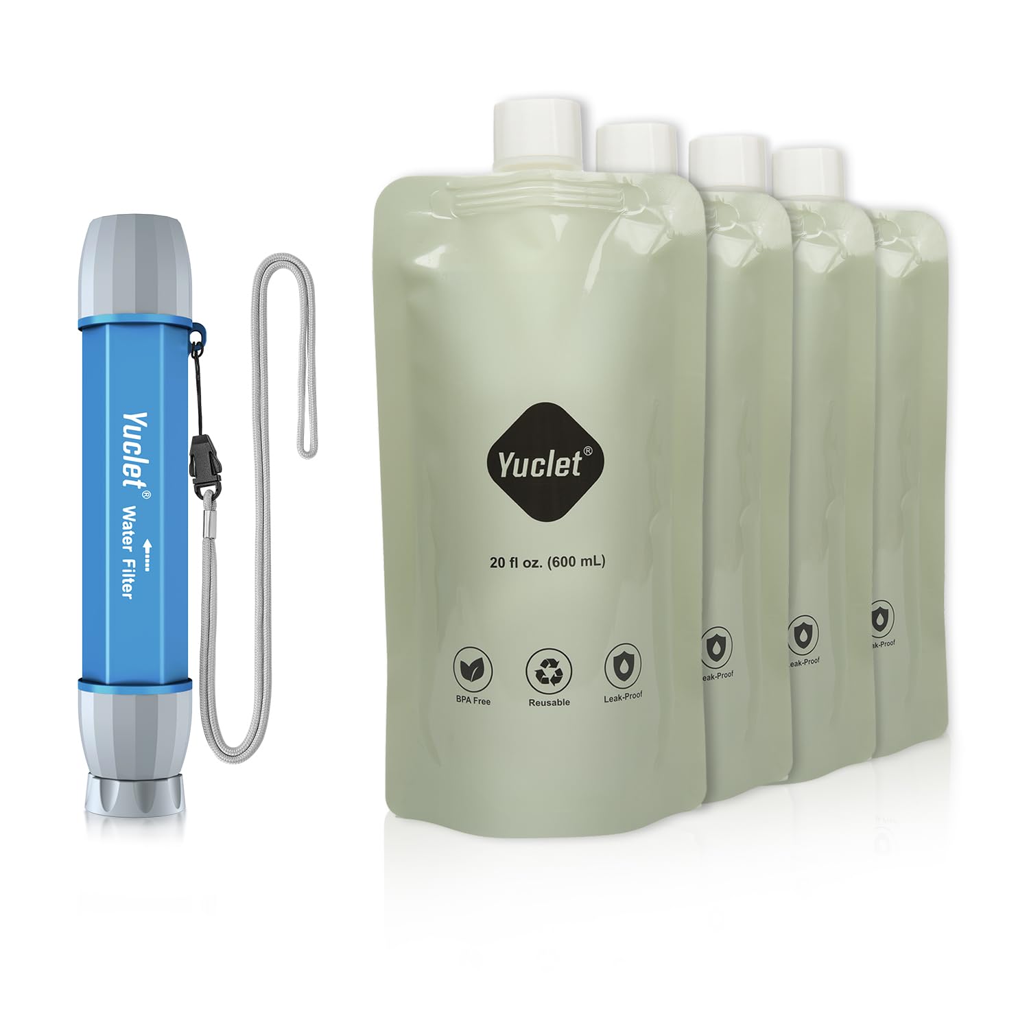 Yuclet Squeeze Water Filtration System with Four 20-Oz Squeeze Pouches and 0.1 Micron Filter Straw, Portable Water Purifier Surv