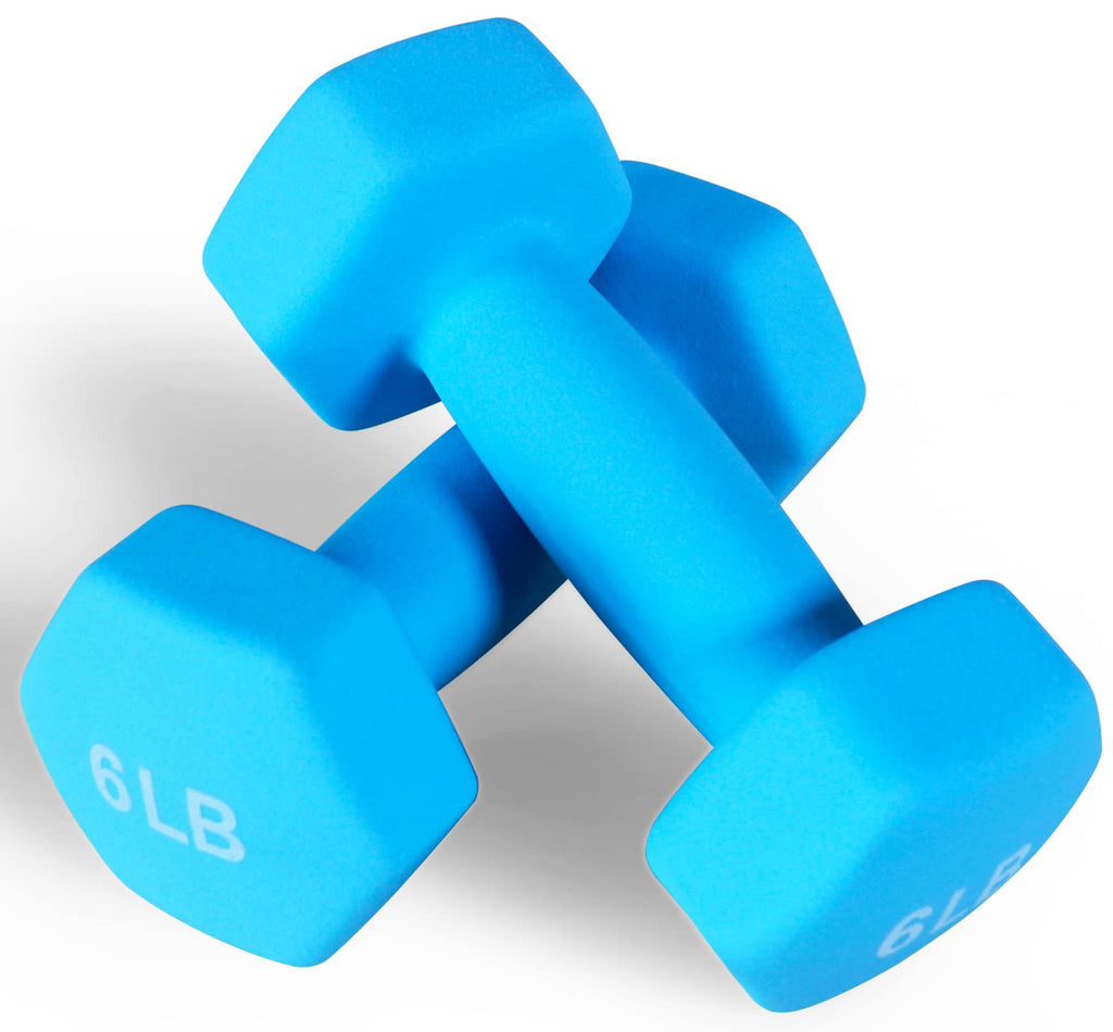 Fitvids Neoprene Dumbbell Hand Weights, Anti-Slip, Anti-Roll, Hex Shape Colorful, 6-Pound, Pair