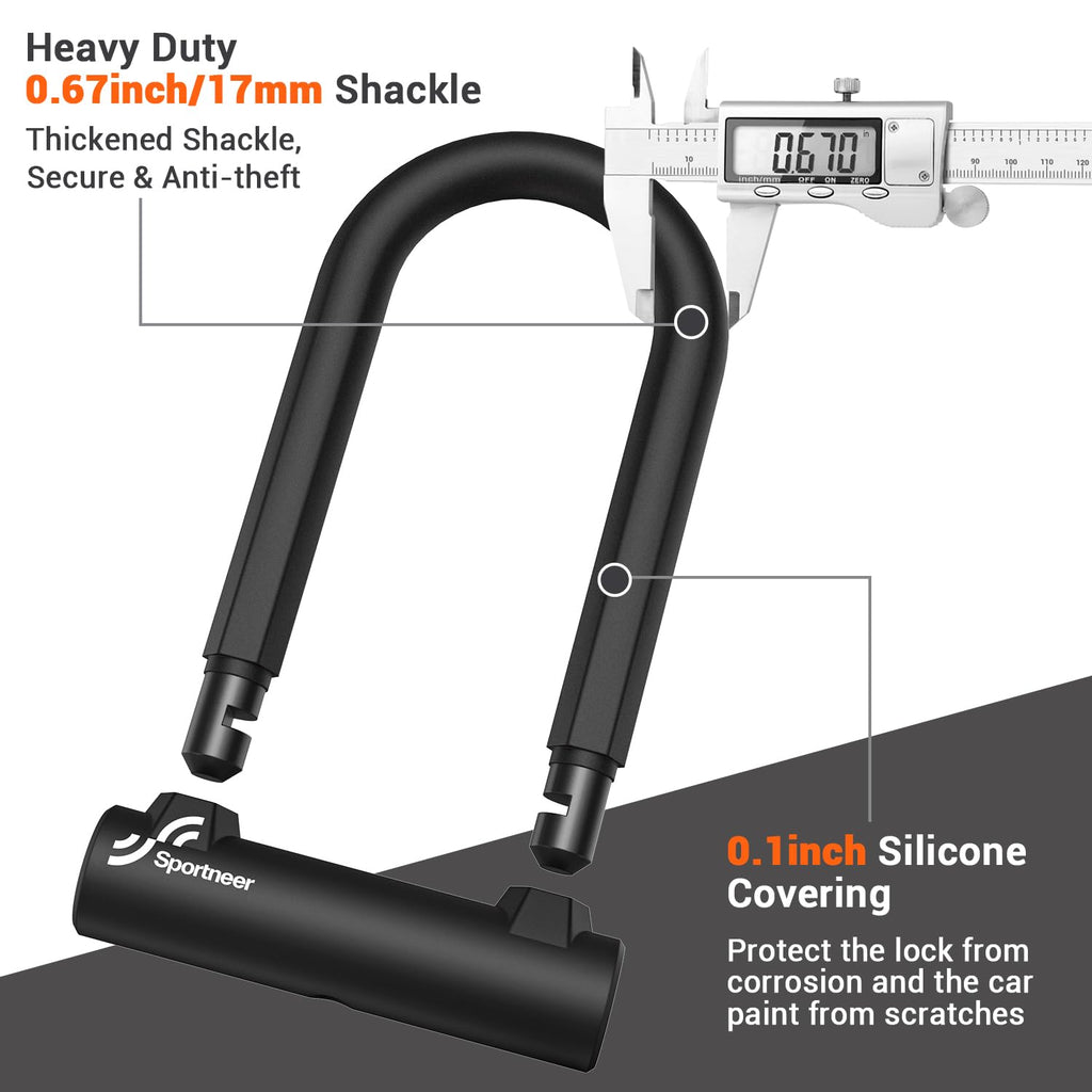 Sportneer Bike Lock Set Heavy Duty Bike U Lock With 5 Ft Security Steel Cable, 17Mm Shackle Bicycle U-Locks With Keys And Sturdy