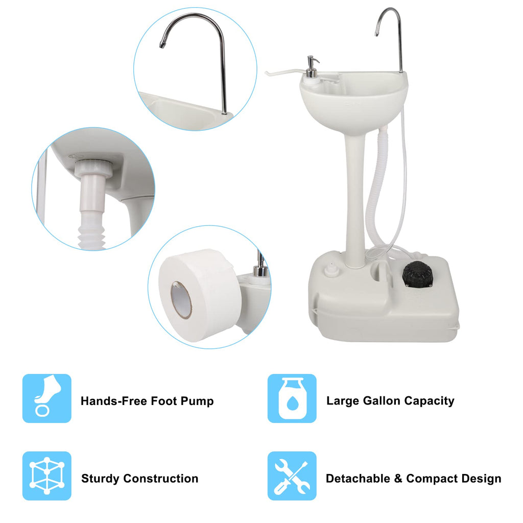 Outvita Portable Camping Sink W/ 19L Water Tank Rolling Wheels Towel Holder Soap Dispenser Faucet, Outdoor Foot Pump Washing Sta