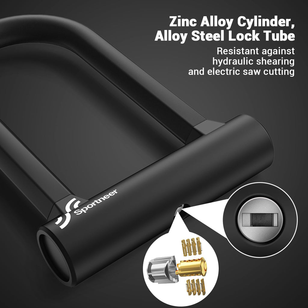 Sportneer Bike Lock - 17mm Shackle Heavy Duty Anti Theft Bike U Lock with 2 Keys - Bicycle U-Locks with Sturdy Mounting Bracket