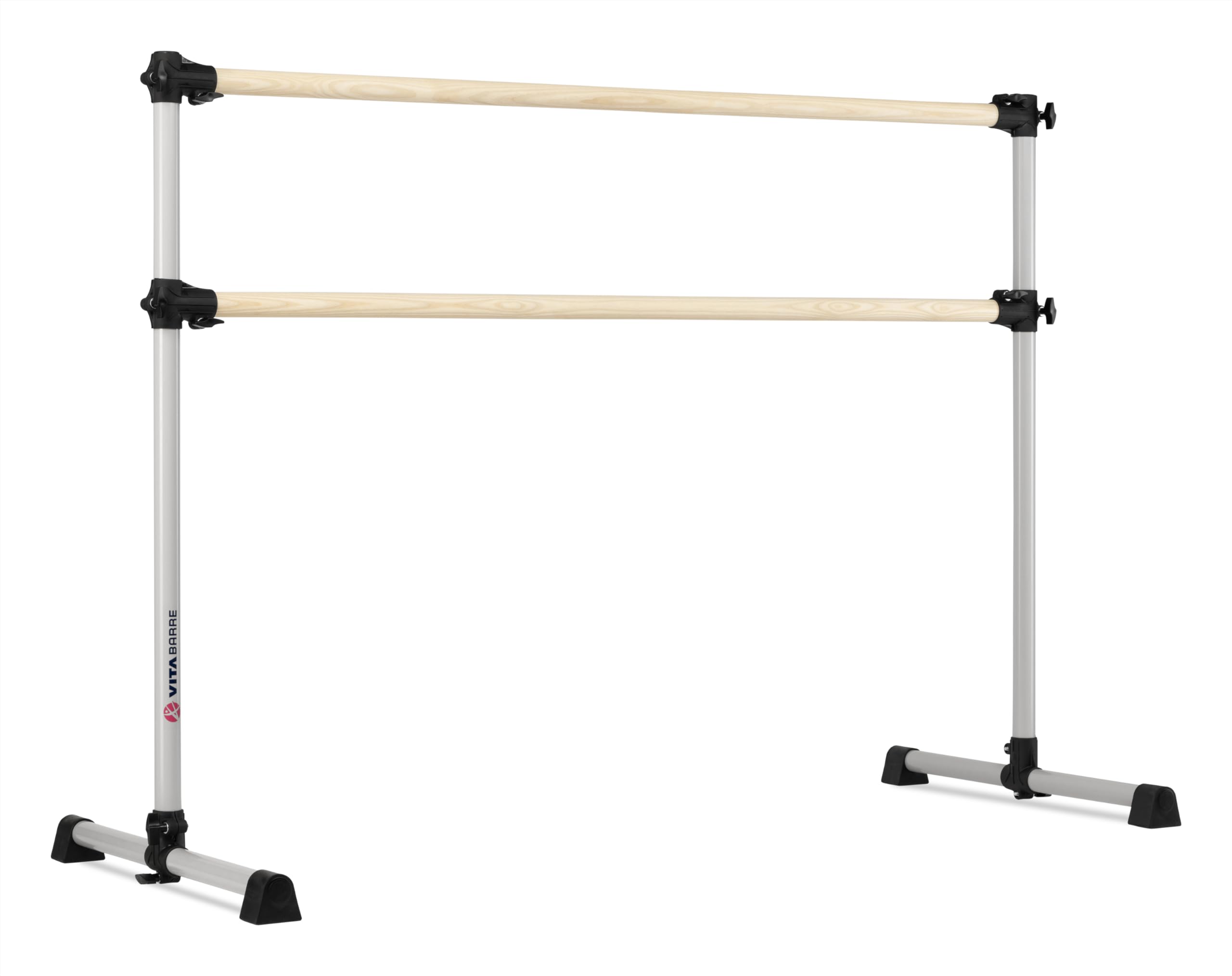 VITA Barre Portable Freestanding Double Ballet Barre, Prodigy, 5 Ft Wood Bars, Satin Silver | Adjustable Height, USA Made, Home 