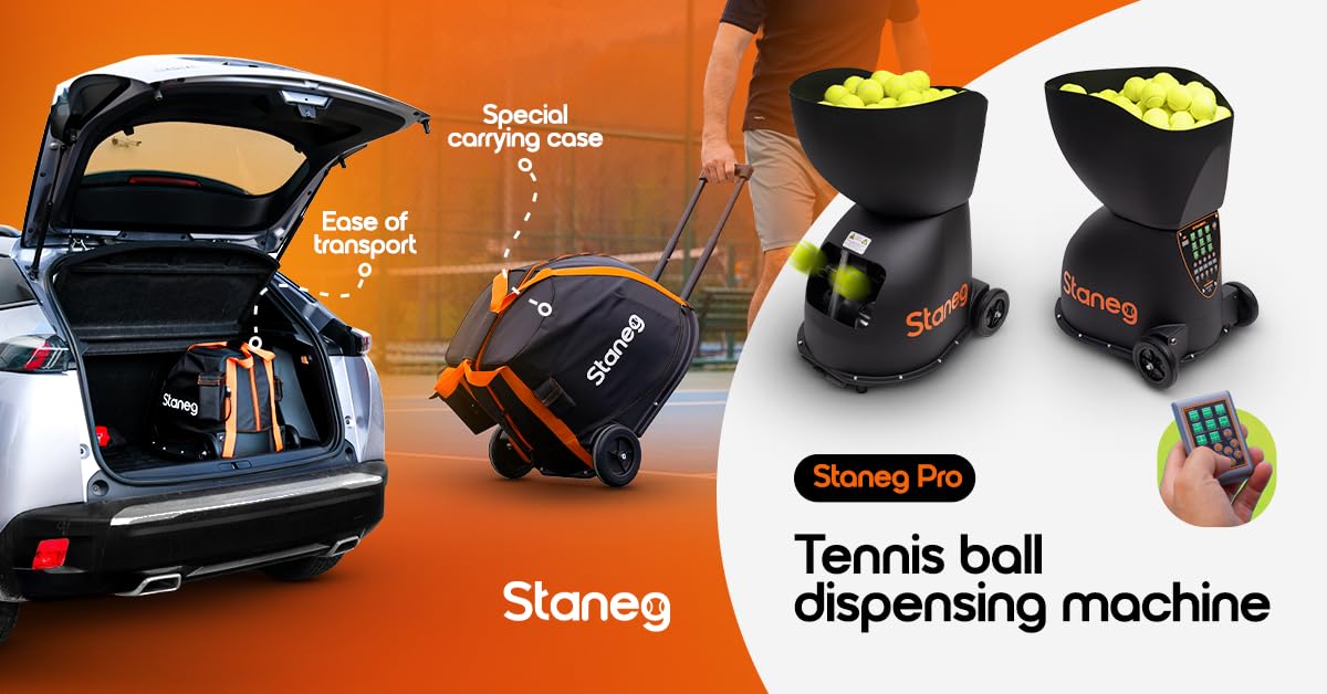 Staneg Pro Tennis Ball Machine - Battery-Powered Portable Launcher With Remote Control | 9 Training Programs | Adjustable Spin &