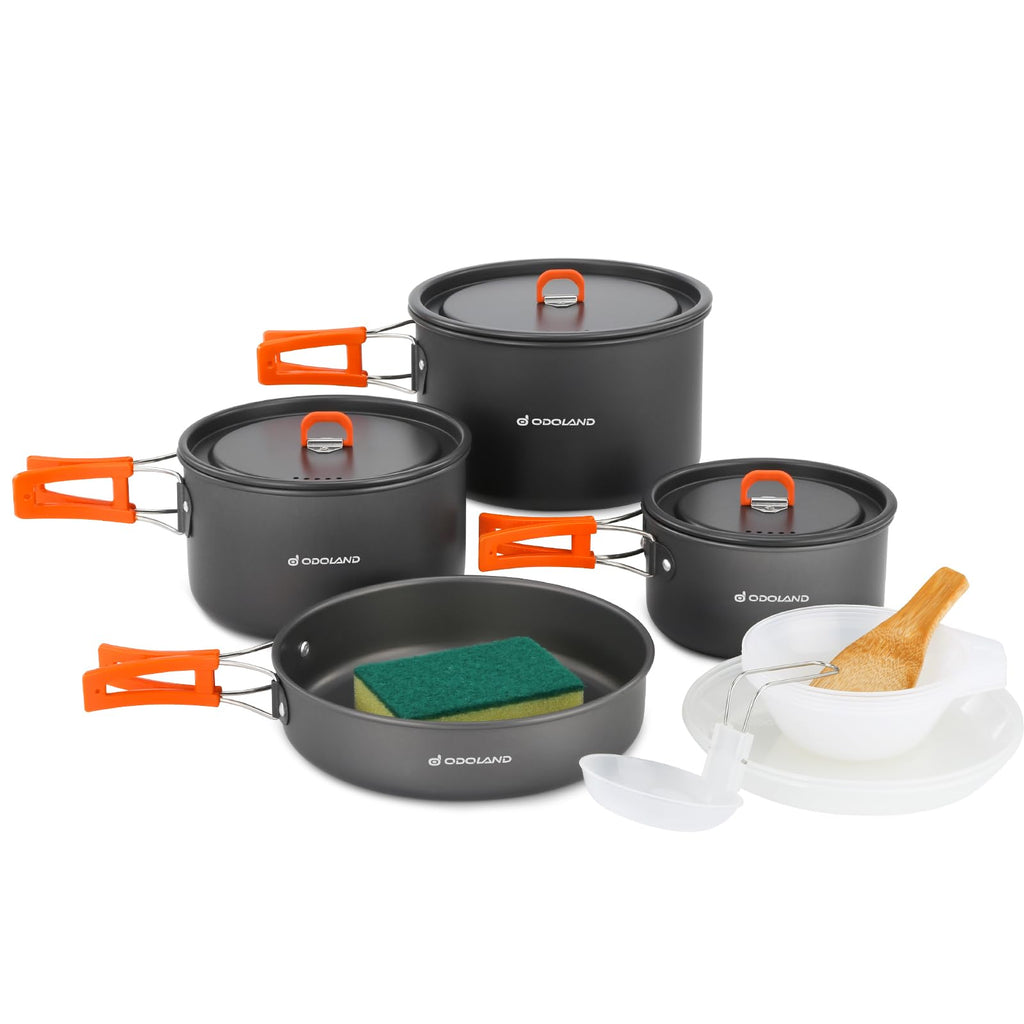 Odoland 15Pcs Camping Cookware Non-Stick Lightweight Camping Pots And Pans Set With Plastic Plates Bowls Soup Spoon For Camping,