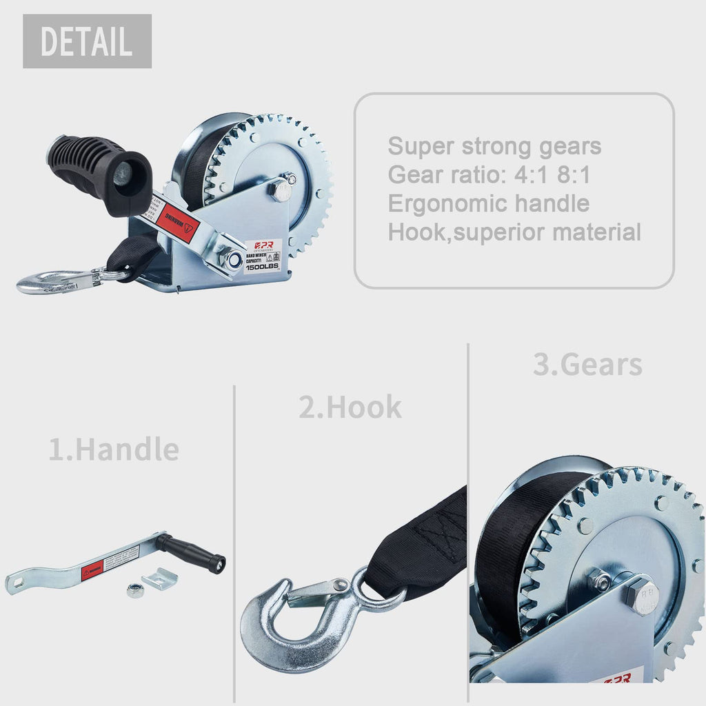 Openroad Boat Winch 1500Lbs Hand Winch,For Boat Trailer Towing Winch, With 26Ft Black Strap And Brake Ratchet