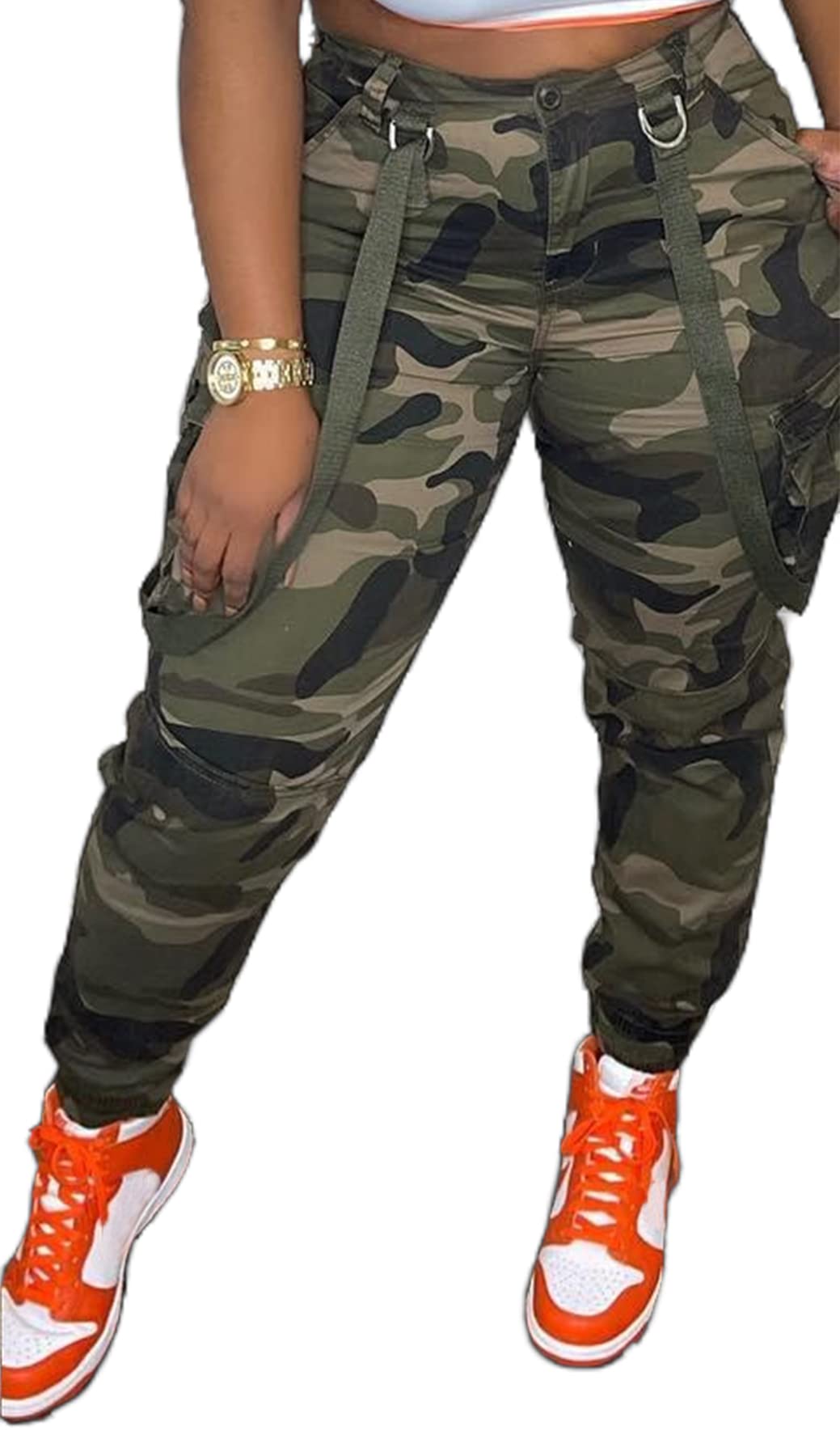 Symina Womens Camo Cargo Pants Camouflage Military Elastic Long Slim Fit Trousers with Pockets