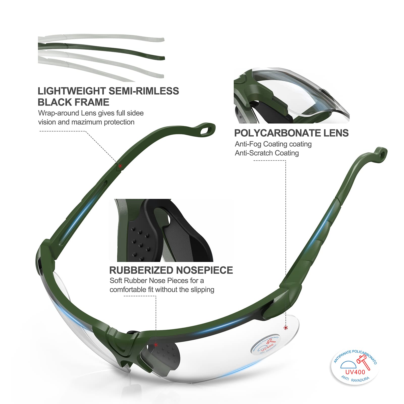 Xaegistac Shooting Glasses With Case Anti Fog Hunting Safety Glasses For Men Women (Clear Lens-Green Frame)