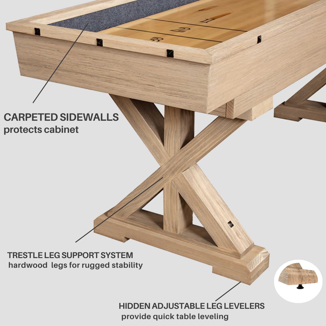Freetime Fun 12 Ft Shuffleboard Table Multi Game Solid Wood Game Tables For Game Room - Shuffleboard Bowling Pin Set, Pucks, Wax