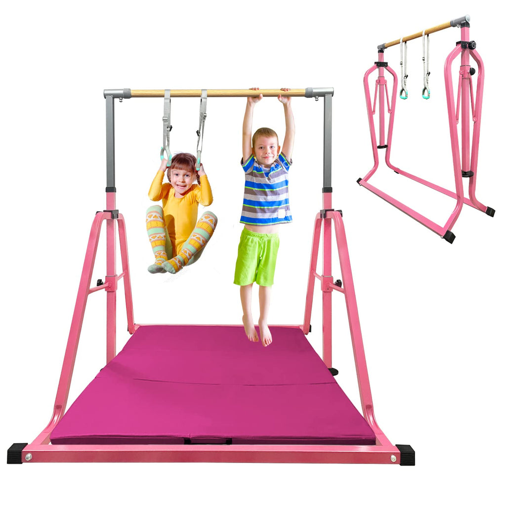 Glant Gymnastics Bar For Kids With Swing Set, 8 Heights Adjustable Easy Folding Gymnastic Training Bar Kids Monkey Horizontal Ba