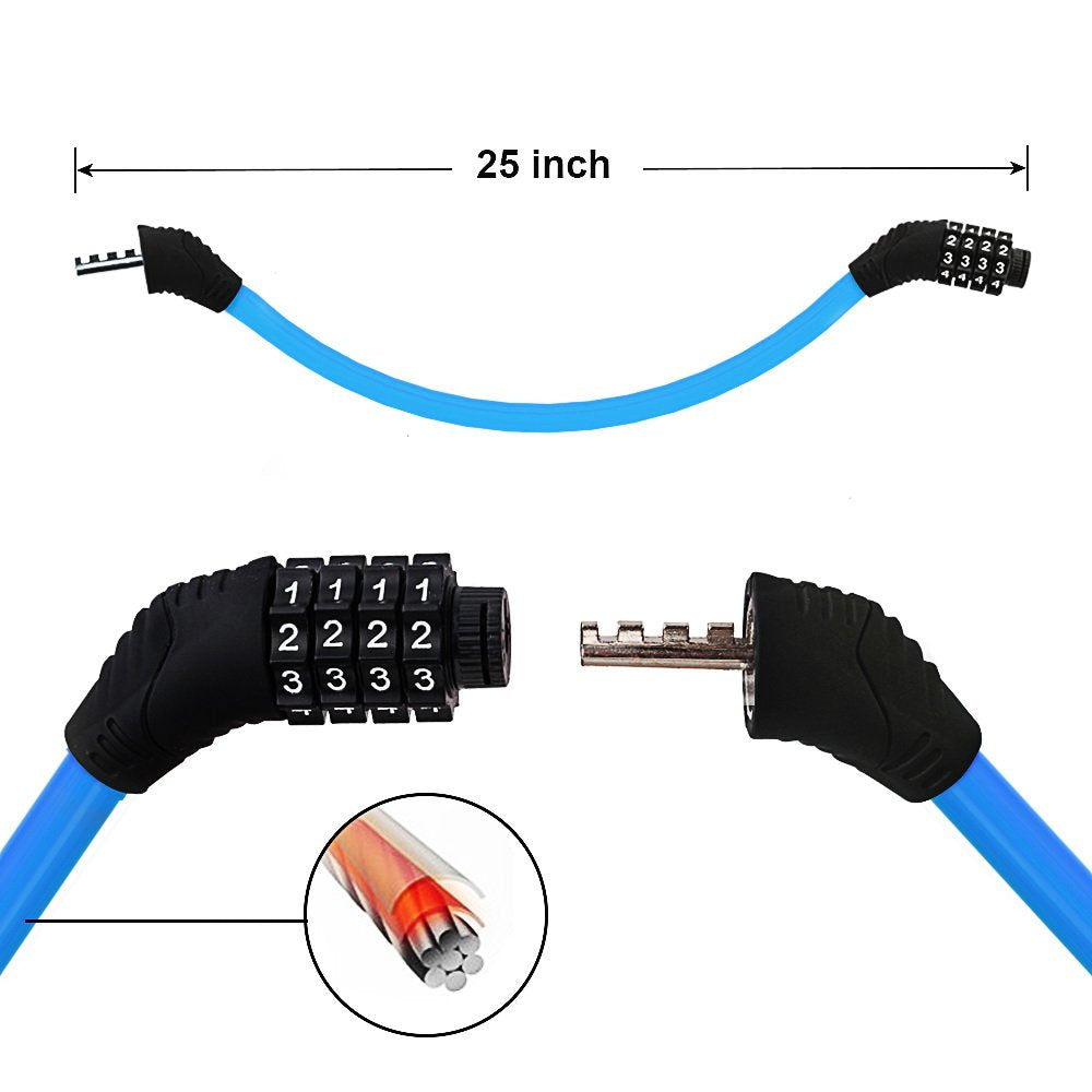 Sanwo Security Bike Lock 4 Digit Resettable Combination Cable Lock For Bicycle, 2 Feet X 1/2 Inch (Blue)